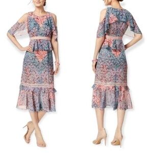 JAX Black Label Women's Blue Pink Floral Printed Cold Shoulder Dress size 4